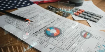 Financial ledger with tax forms and digital data, symbolizing 2025 US tax strategies for high-income earners.