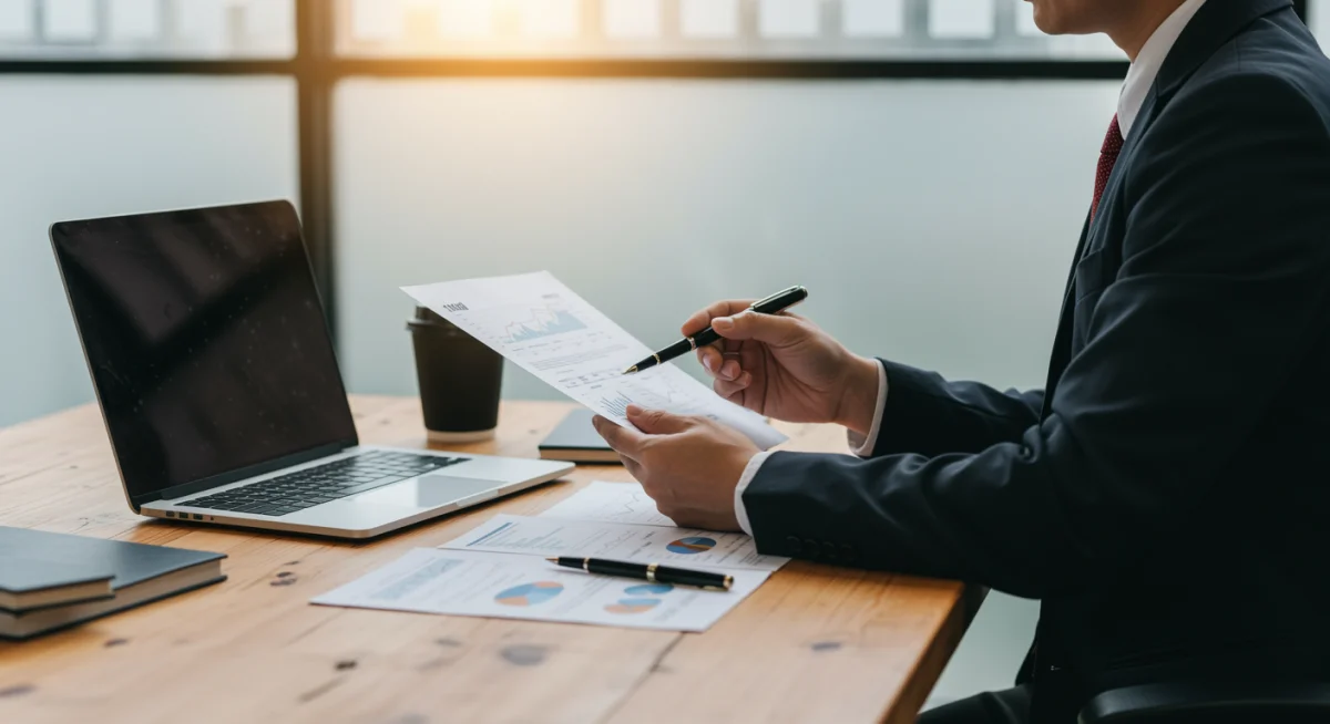 Financial advisor explaining tax documents to a high-net-worth client in a modern office.