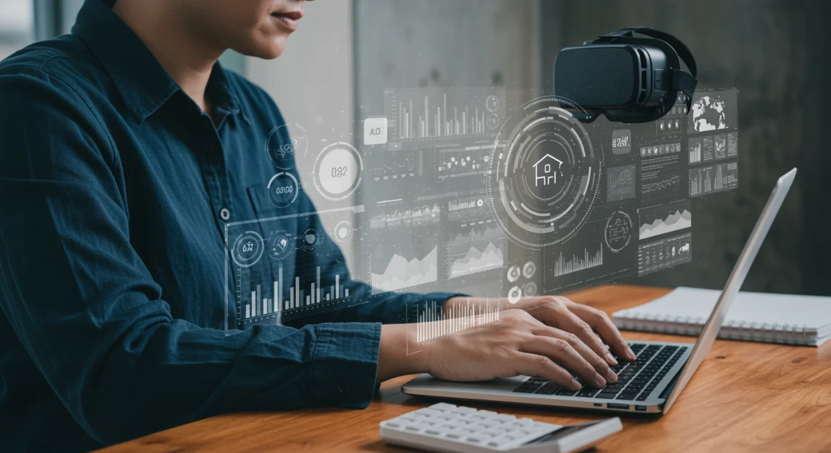 Professional utilizing cutting-edge technology for AI-driven career reskilling in a dynamic work environment.