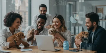 Employees with pets in office, representing pet insurance as an employee benefit