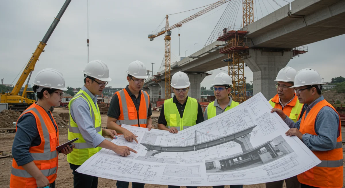 Construction workers and engineers reviewing bridge plans on-site, showcasing collaborative infrastructure development.