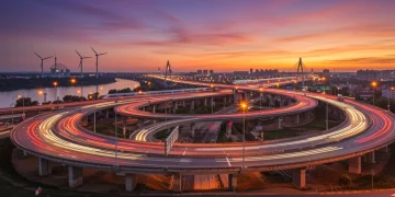 Modern highway interchange and bridge illuminated at dusk, symbolizing robust infrastructure development.