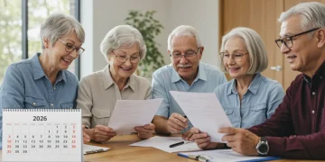 Seniors reviewing Medicare documents and discussing 2026 healthcare options