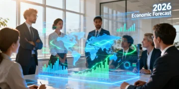 Professionals analyzing 2026 economic forecast data on a holographic display for investment decisions.