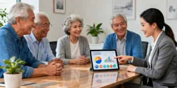 Financial advisor explaining long-term care benefits to a senior couple and their adult child.