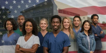 Diverse group of people in a supportive community mental health setting, symbolizing new mental health funding.