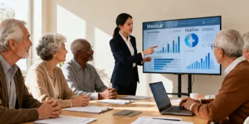 Seniors discussing 2026 Medicare premium adjustments with a financial advisor