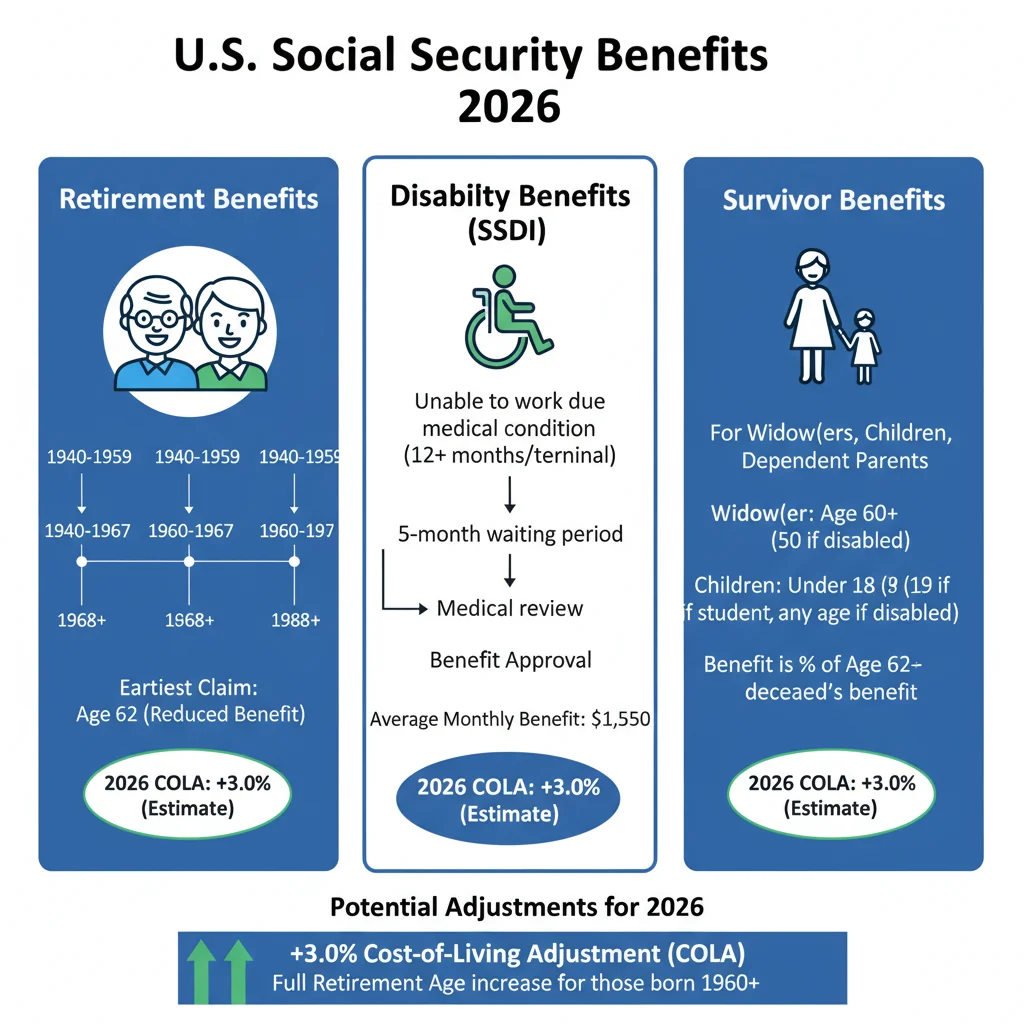 Infographic showing components and potential adjustments of Social Security benefits.