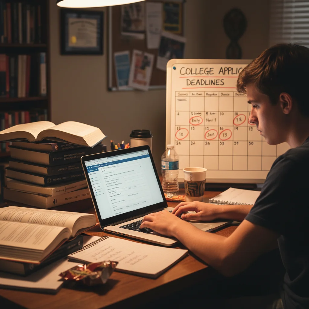 Student preparing college applications with books and laptop