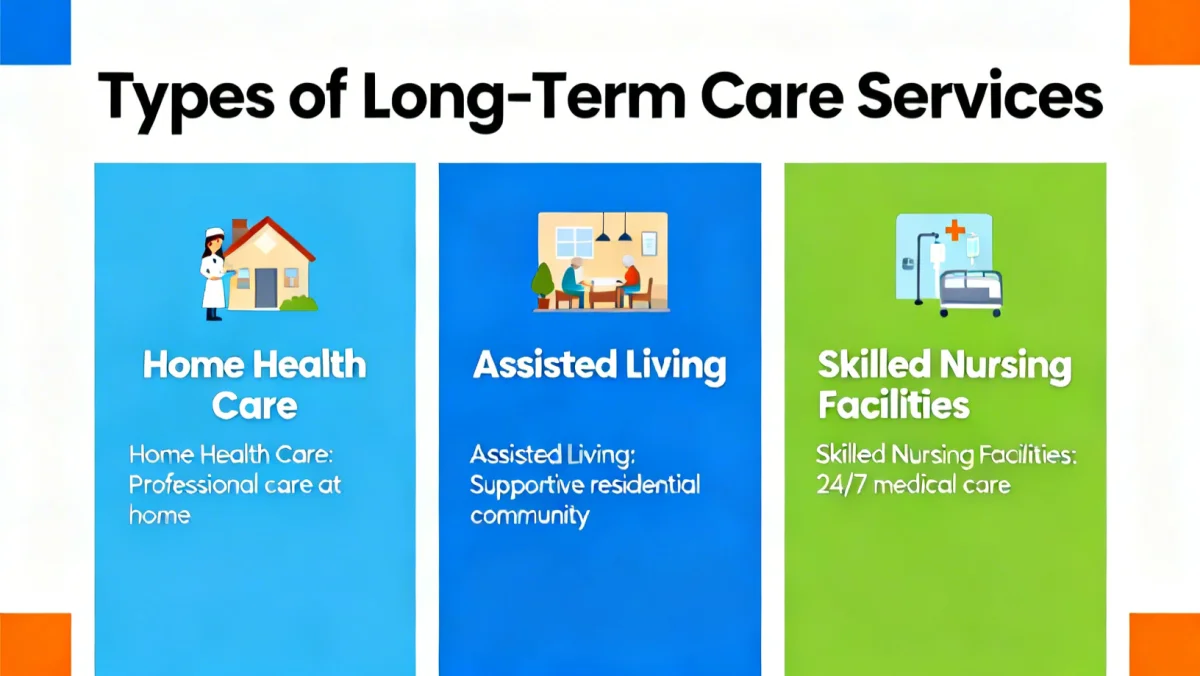 Infographic showing various types of long-term care services and facilities.