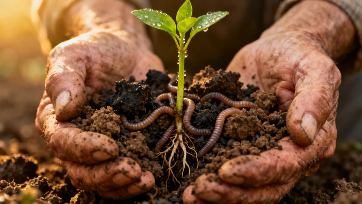 Farmer inspecting healthy soil with earthworms, symbolizing sustainable soil health practices