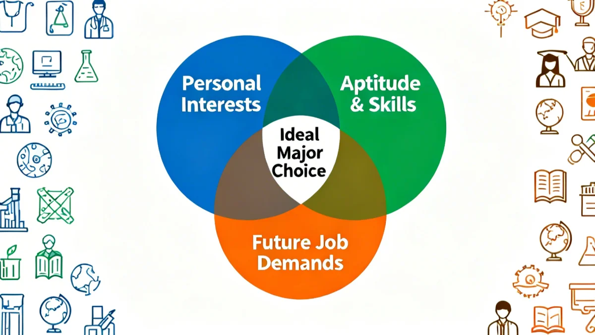 Venn diagram illustrating overlap of interests, skills, and job demands