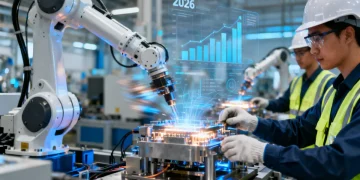 Modern advanced manufacturing facility with robotic arms and technicians, symbolizing job growth and technological progress in 2026.
