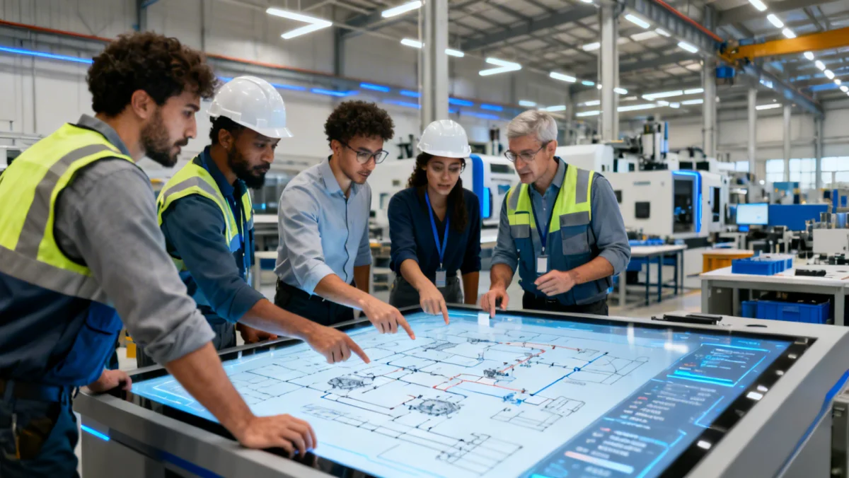 Skilled workers collaborating in an advanced manufacturing plant, analyzing data on a digital screen, symbolizing new job roles.