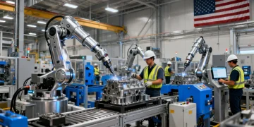 Supply Chain Resilience 2026: US Government's 20% Dependence Reduction Goal Modern factory with robotics and workers, representing advanced domestic manufacturing.