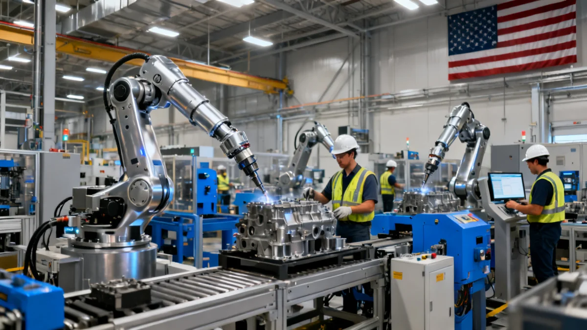 Modern factory with robotics and workers, representing advanced domestic manufacturing.