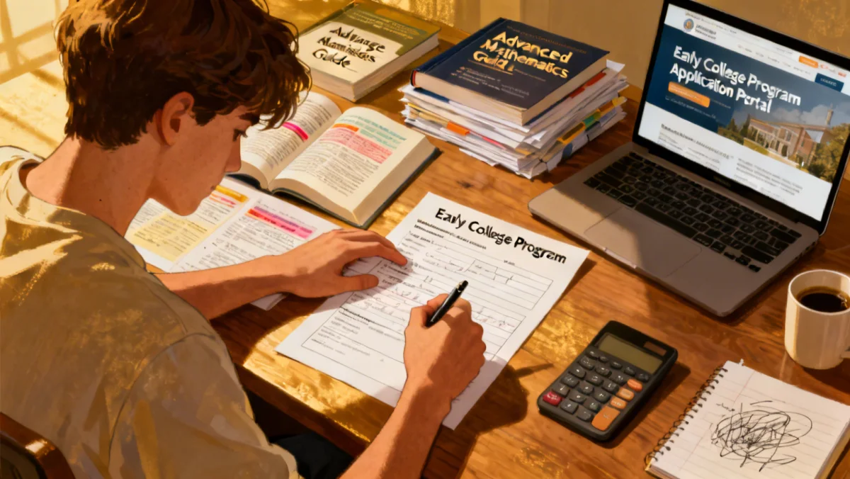 Student meticulously completing an early college program application form.