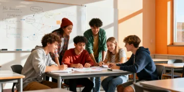 High school students engaged in an early college program classroom setting, actively learning and collaborating.