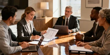 Group discussing estate planning documents at a conference table