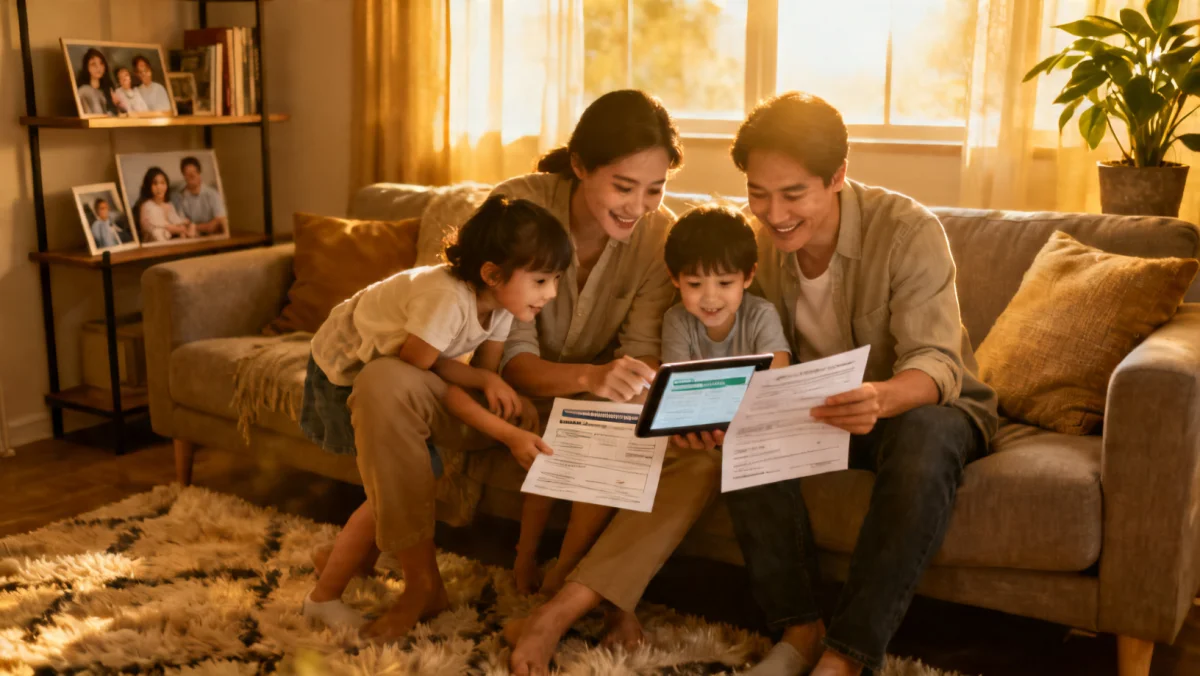 Family applying for child care subsidies in 2026, reviewing eligibility documents on a tablet.