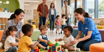 Children playing happily in a modern child care center, subsidized by new federal and state programs in 2026.
