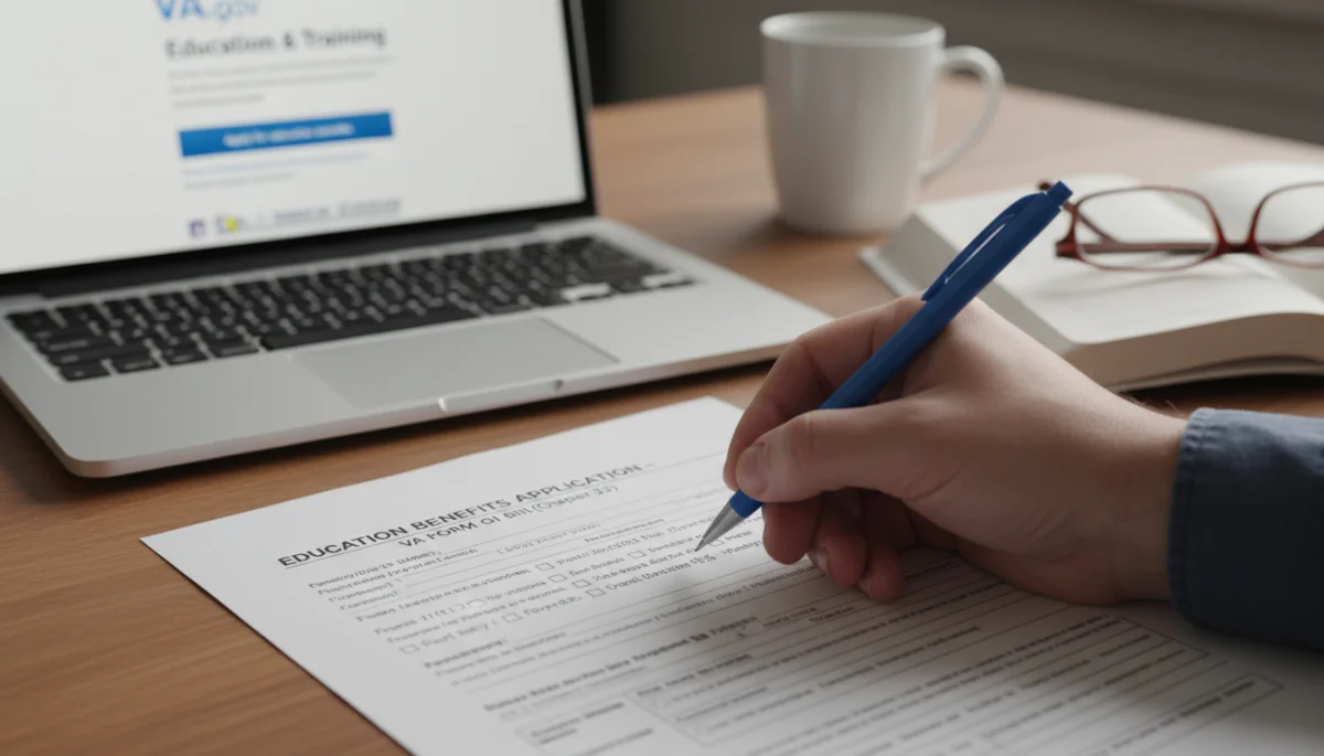 Hand filling out a GI Bill application form on a desk with a laptop.