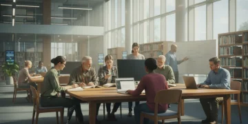 Veterans studying in a modern university library, symbolizing education and opportunity.