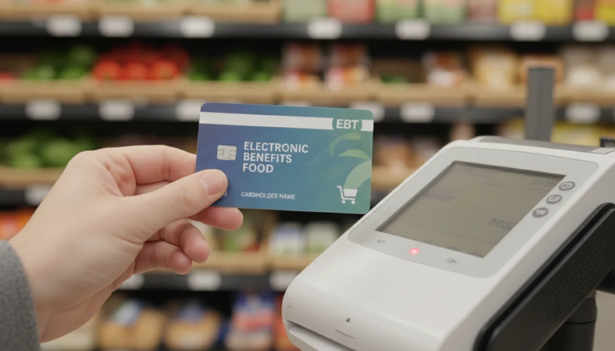 Hand holding an EBT card at a payment terminal, representing SNAP benefit usage.