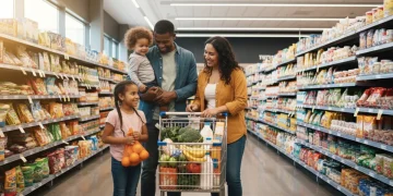 Family shopping for groceries with SNAP benefits, symbolizing food security and assistance.
