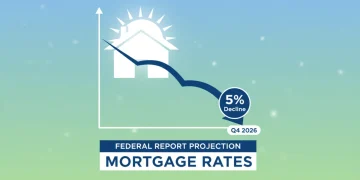 Graphic illustrating a 5% decline in mortgage rates by Q4 2026, impacting housing market trends.