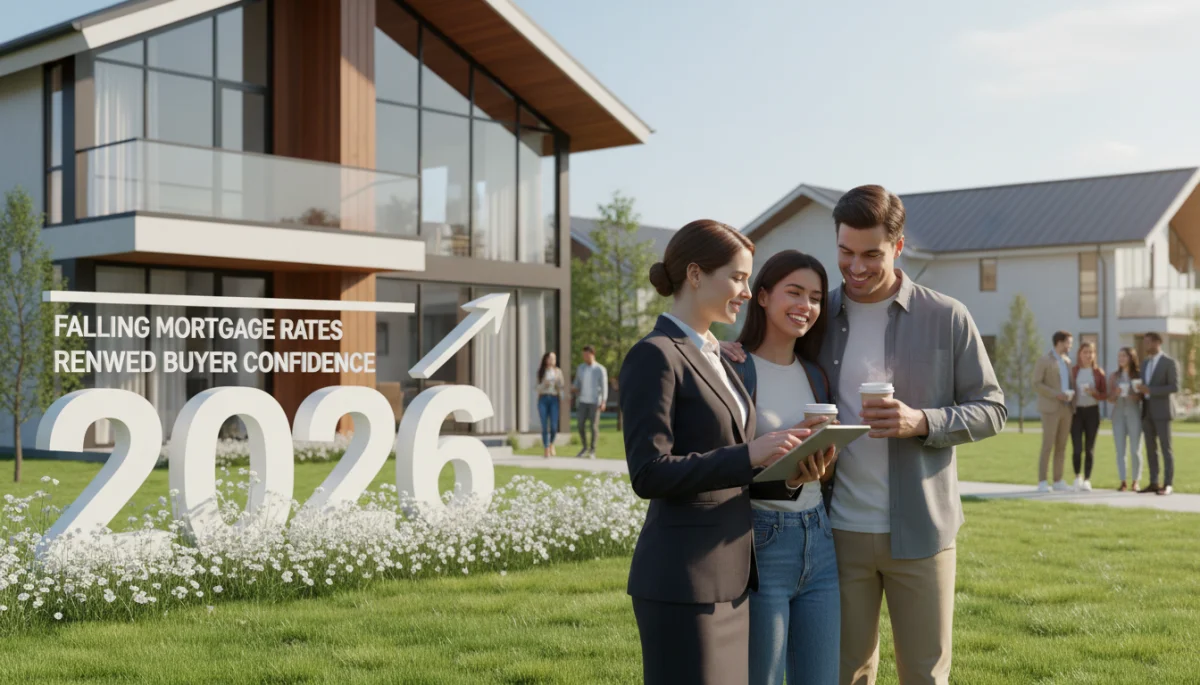 Real estate agent explains 2026 housing market trends to prospective homebuyers, highlighting lower mortgage rates.