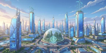 Futuristic city powered by renewable energy, symbolizing an energy policy shift