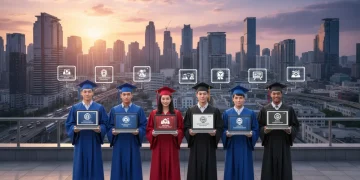 Graduates displaying digital certification badges for 2026 in a modern city setting.