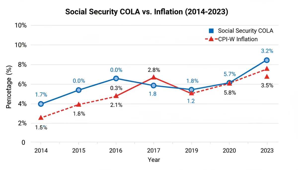Graph showing historical Social Security COLA adjustments and inflation trends.