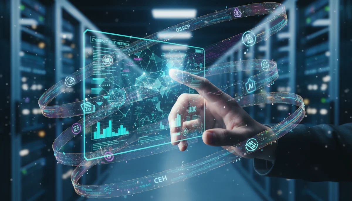 Holographic display showing advanced tech certifications and data analytics.