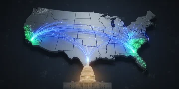 Fiber optic network expanding across a US map, representing national broadband growth