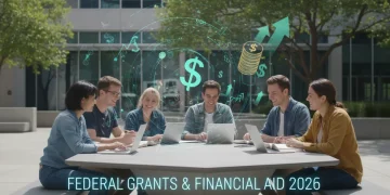 Students collaborating on campus with financial aid symbols, federal grants 2026