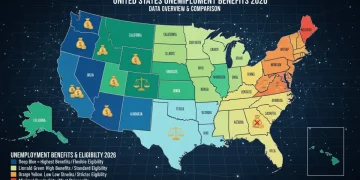 Detailed map of US states showing varying unemployment benefits and eligibility in 2026