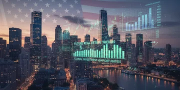 Futuristic cityscape with overlaid financial data representing 2026 real estate trends and investment opportunities