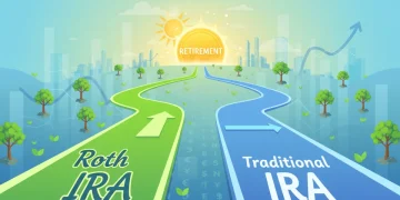 Illustration comparing Roth IRA and Traditional IRA benefits for 2026 retirement planning.