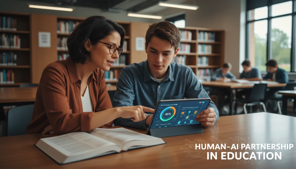 Teacher and student reviewing AI-powered learning analytics together.