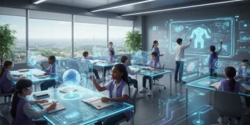 Students engaging with AI-powered personalized learning in a futuristic classroom setting.
