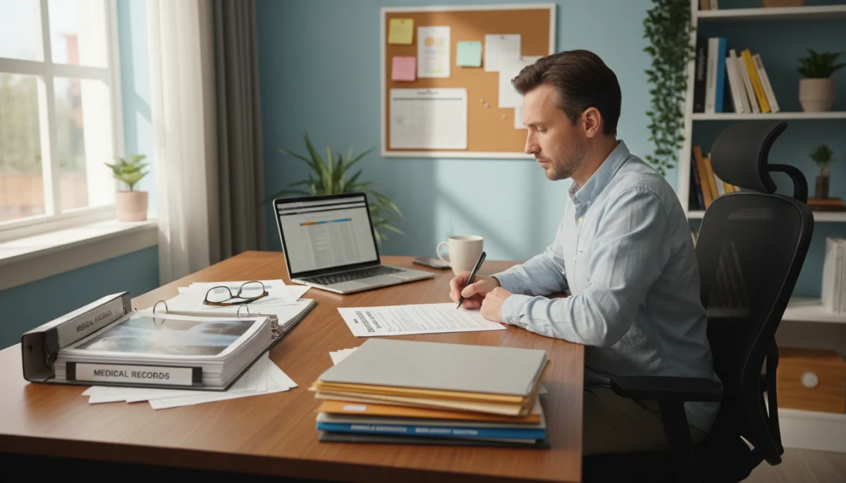 Person meticulously completing disability benefits application form