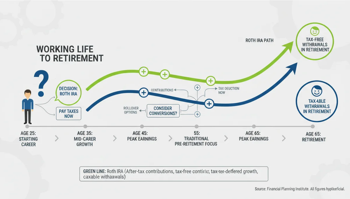 Infographic illustrating the long-term financial impact of choosing between Roth and Traditional IRAs.