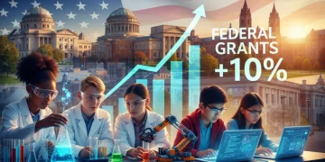 Students engaged in STEM activities, representing increased federal funding for education.
