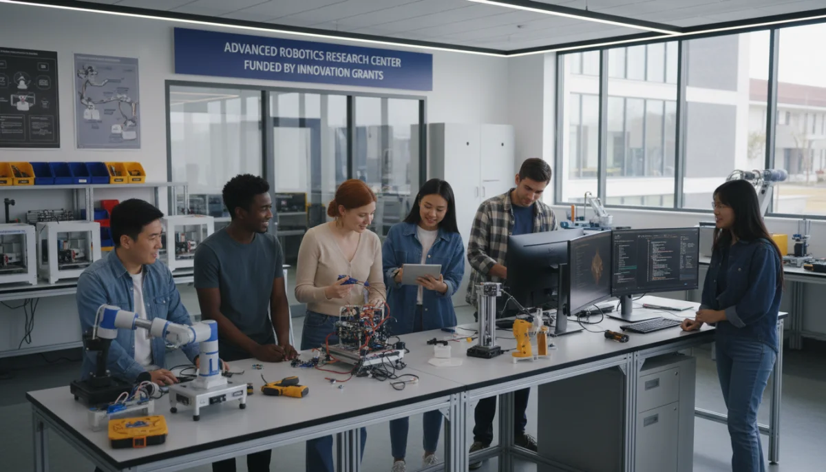 University students collaborating on a robotics project in a modern lab.