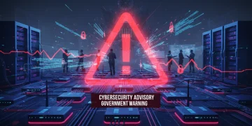 Urgent government cybersecurity alert with red warning symbol over digital network