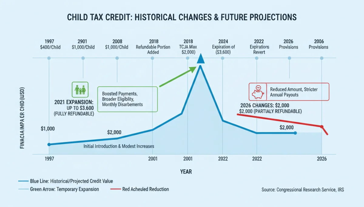 Infographic illustrating Child Tax Credit historical and projected changes