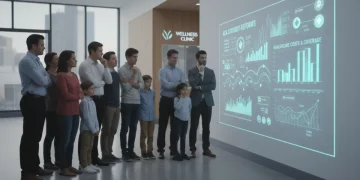 Individuals reviewing healthcare subsidy changes on a digital screen.
