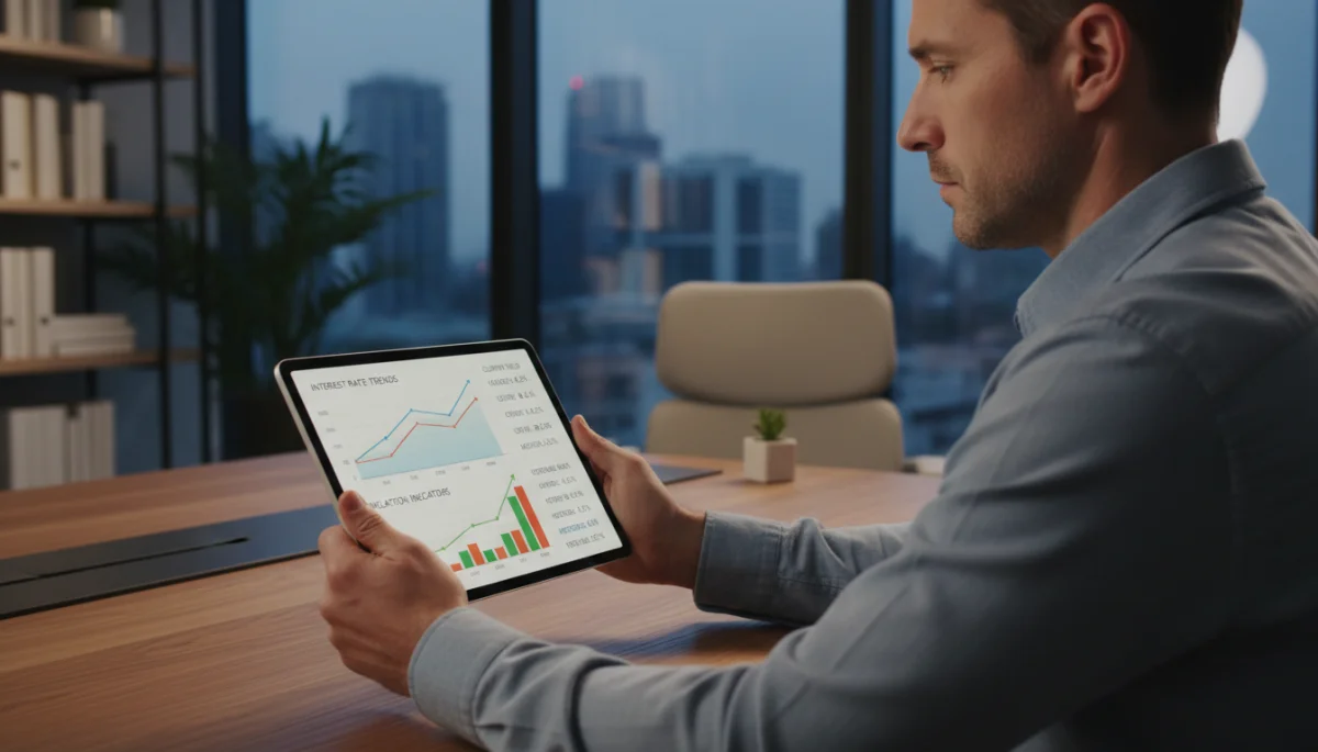 Person analyzing financial charts on a tablet, showing interest rates and inflation trends.